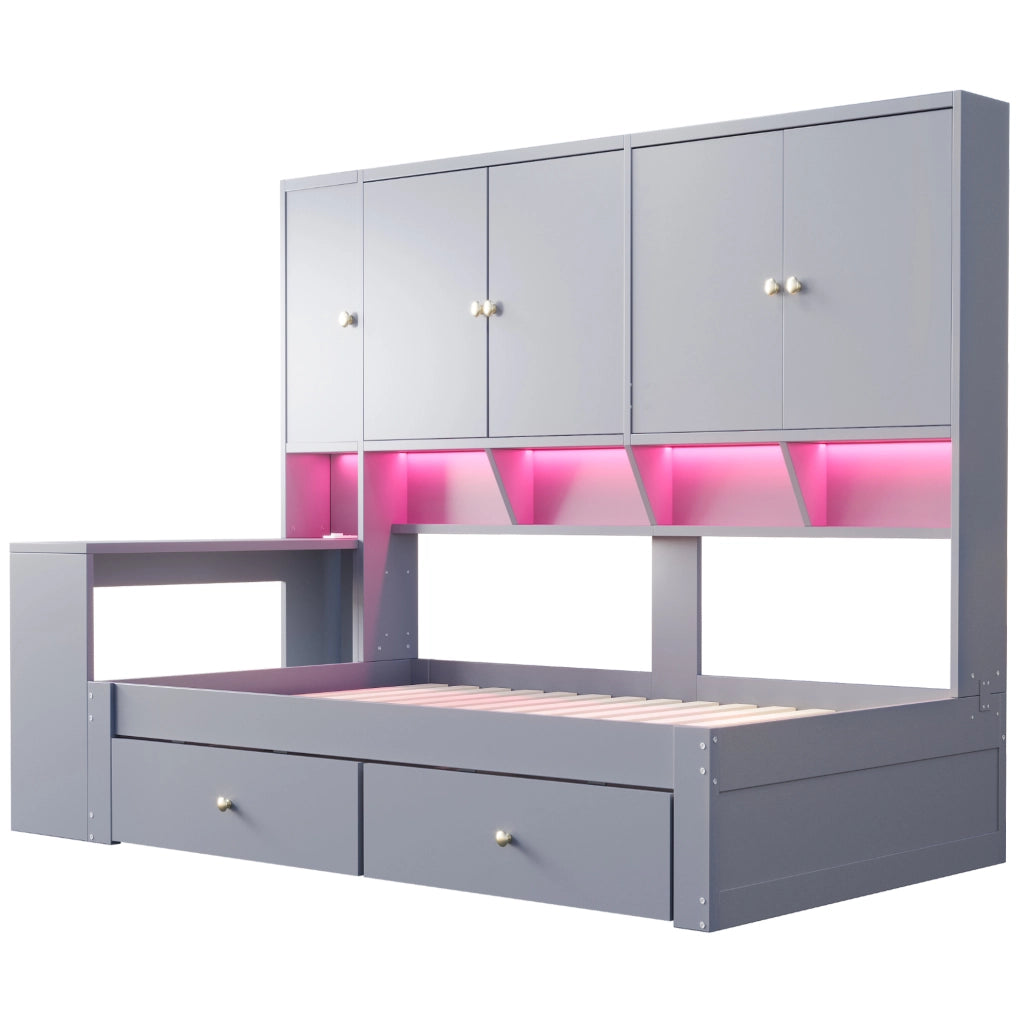 Letto 90x200 cm con scrivania, LED, prese e cassetti in compensato e MDF grigio