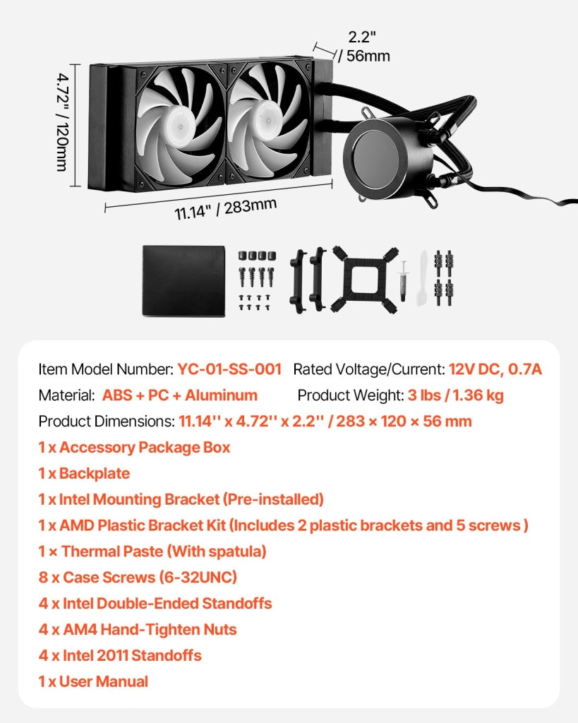 Dissipatore a Liquido CPU con Display LCD e Luce ARGB 2 Ventole PWM 120mm per Intel AMD Alluminio e ABS Nero YC-01-SS-001