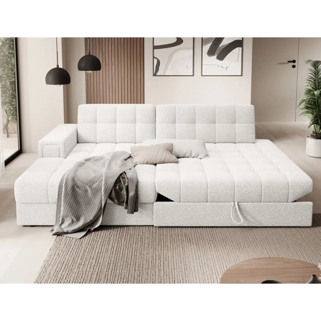 Divano angolare convertibile CUBITO bianco bouclé 240 cm con contenitore e letto