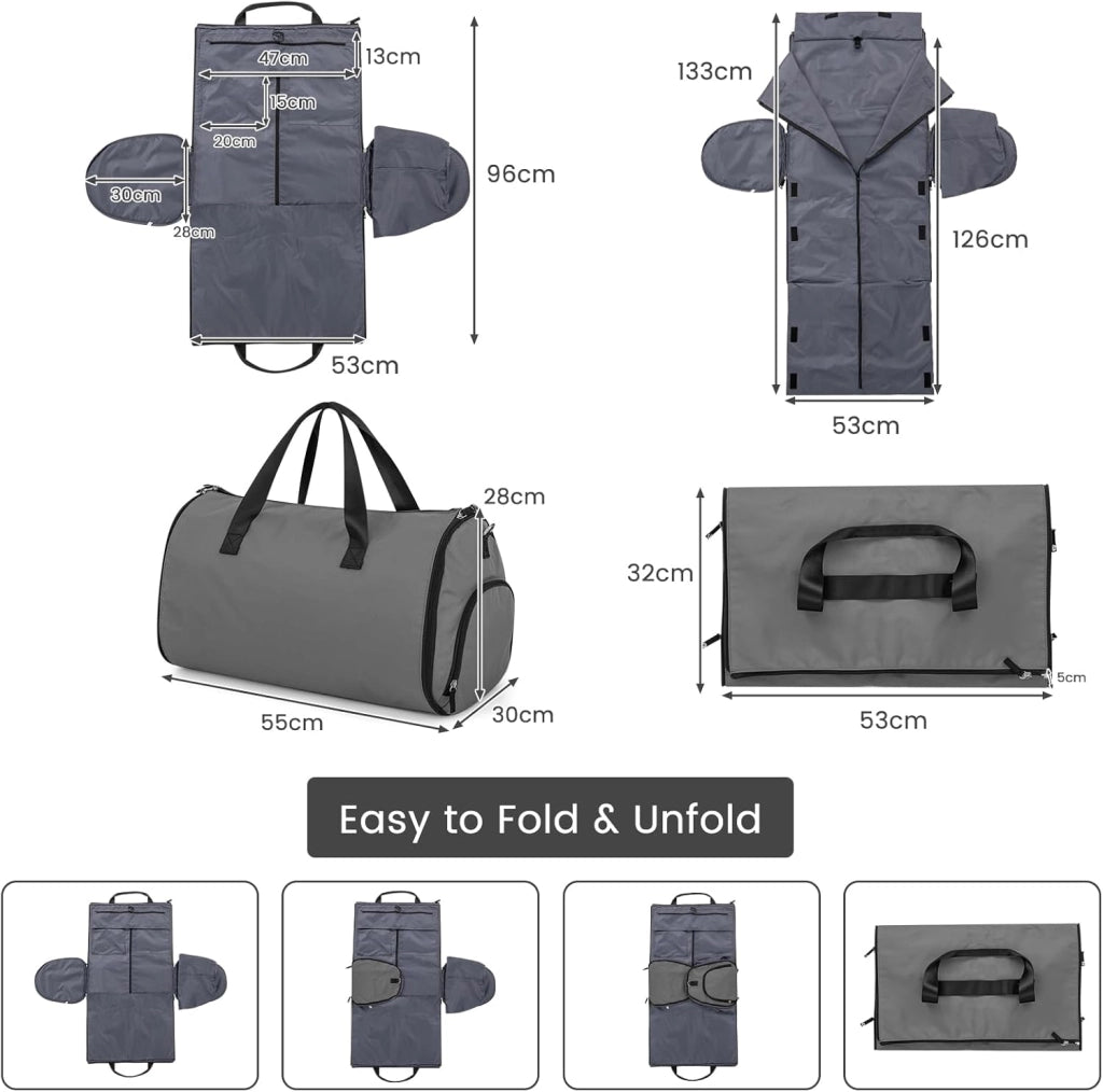 Borsa da trasporto 2-In-1 convertibile con tasca per scarpe, borsa da viaggio per viaggi d’affari/fine settimana/palestra 50L per uomini donne (Grigio Scuro)