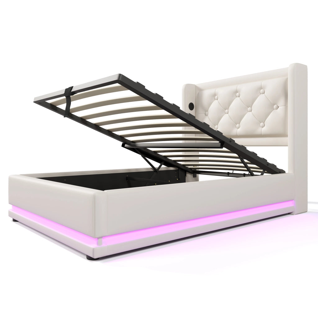 Letto Contenitore Singolo con USB; Tipo C e LED Regolabile 90×200 cm; senza Materasso; in PU Bianco