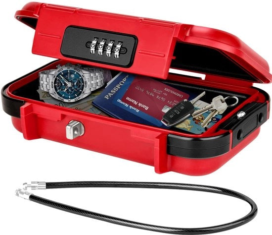 Cassaforte portatile con combinazione, box di sicurezza impermeabile con funzione antifurto, piccola cassaforte con serratura combinata e filo di acciaio rimovibile, cassaforte di sicurezza per uso domestico, ufficio, hotel, viaggi, ecc. (rosso)