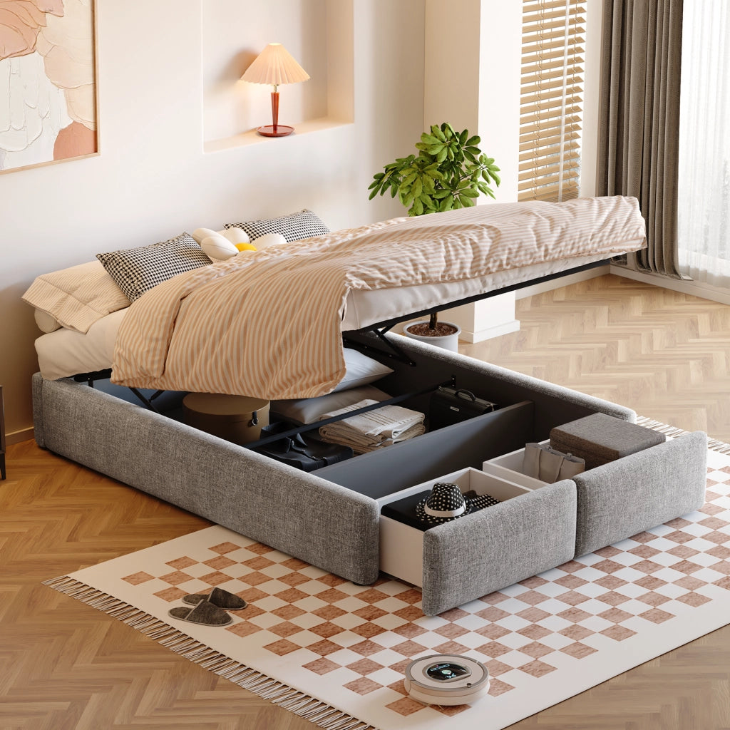 OKWISH Letto contenitore 140×200 cm, Letto Matrimoniale con Sollevamento Idraulico, 2 Cassetti, senza Materasso, Tessuto in Lino, Grigio