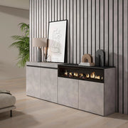 Credenza, Mobile, 200x35x75cm, 4 Porte, Camino elettrico, grigio cemento RF2373