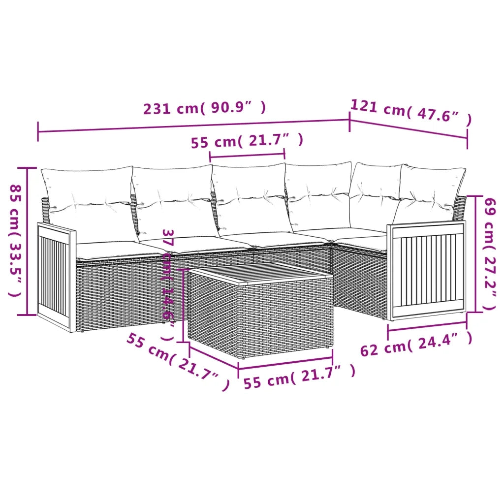 Set Divano da Giardino 6 pz con Cuscini Nero in Polyrattan 3227631