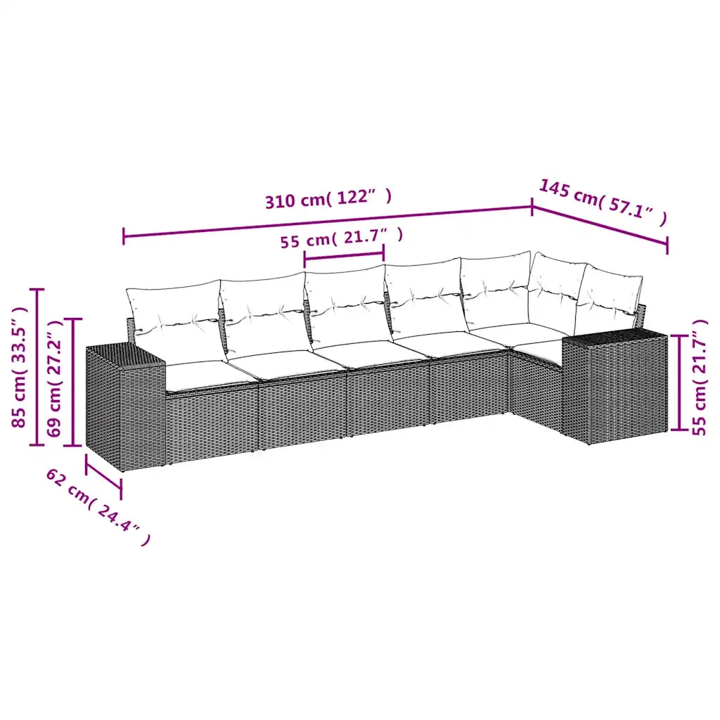 Set Divano da Giardino 6 pz con Cuscini Beige in Polyrattan