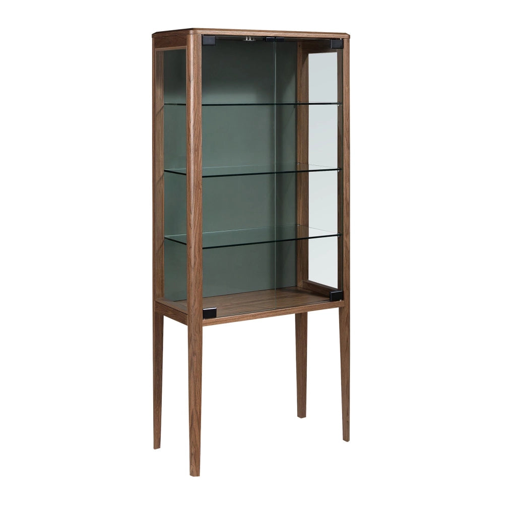Credenza alta in vetro temperato e noce con illuminazione interna