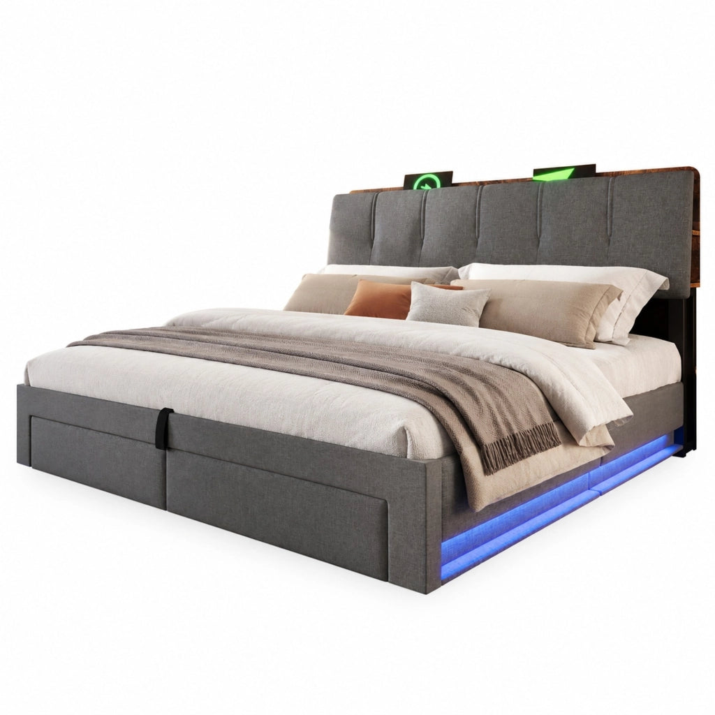 Letto contenitore imbottito 180x200 cm in lino grigio con LED; USB e ricarica USB-C