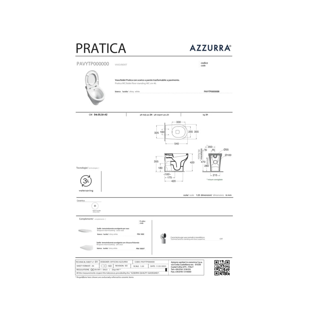 Vaso/Bidet a Terra Accessibile Azzurra Ceramica "Pratica" Bianco Lucido