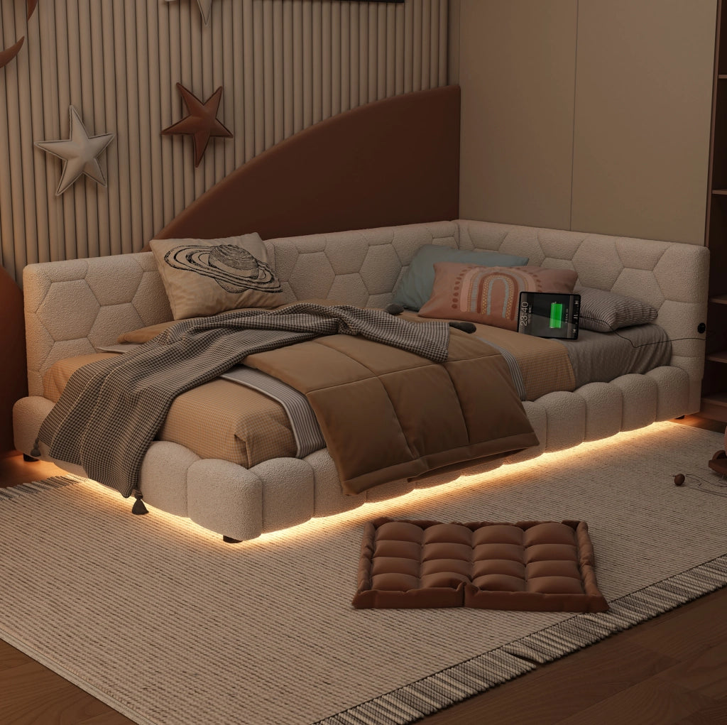 Letto da giorno 90x200 cm con luci LED; USB e Type-C; bianco