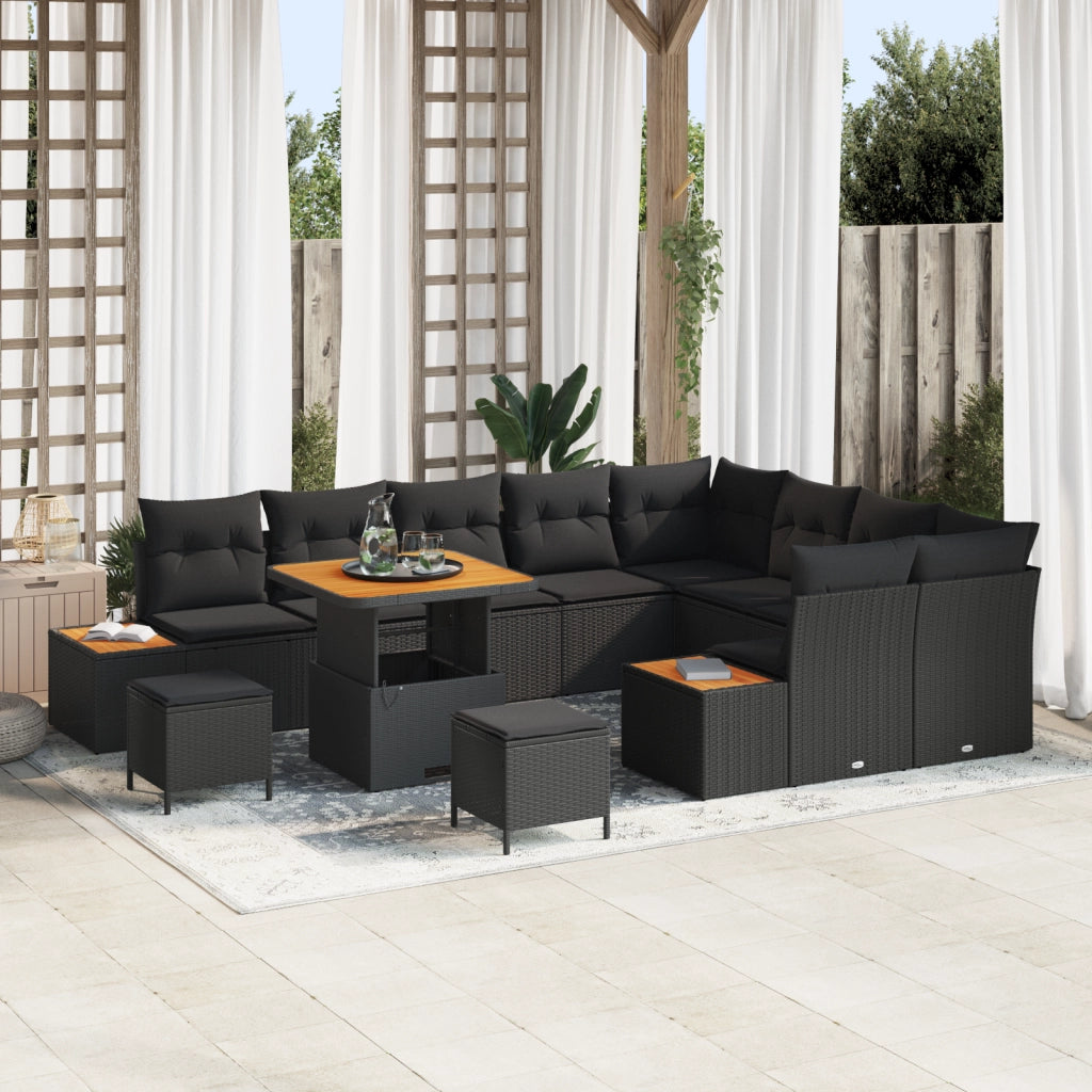 Set Divano da Giardino con Cuscini Nero Polyrattan Acacia 12 Pezzi