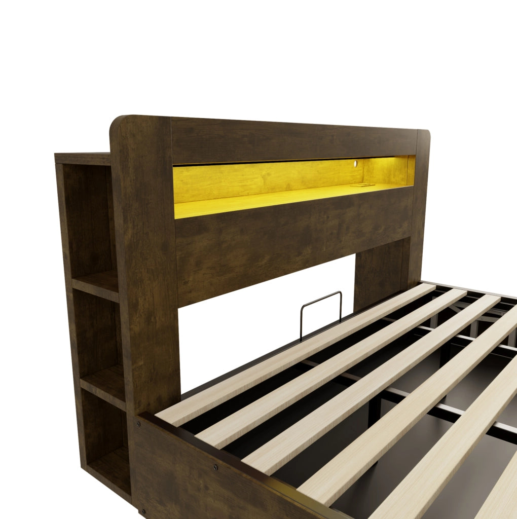 Letto matrimoniale contenitore con sollevamento idraulico; LED e prese integrate; 180x200 cm; legno vintage