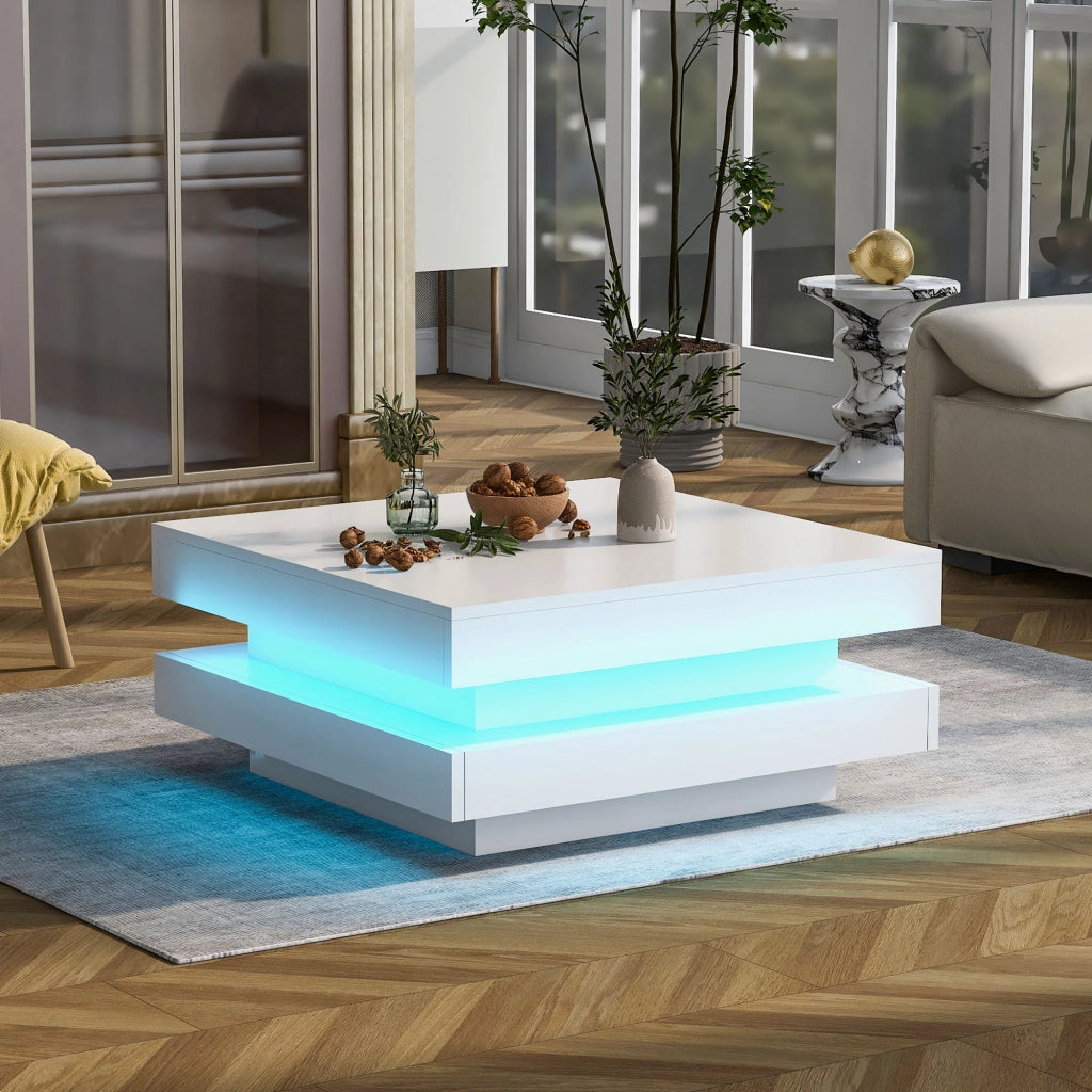Tavolino da salotto 70x70x36 cm; piano girevole a 360° con luce LED; pannello truciolare bianco
