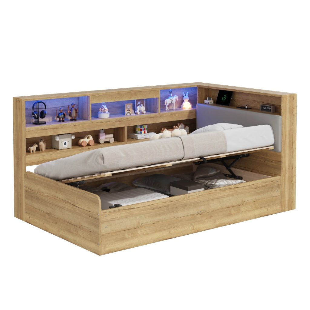 Letto Singolo Contenitore Idraulico con LED e USB ¨C MINIMAL ¨C Legno 90x200 Naturale