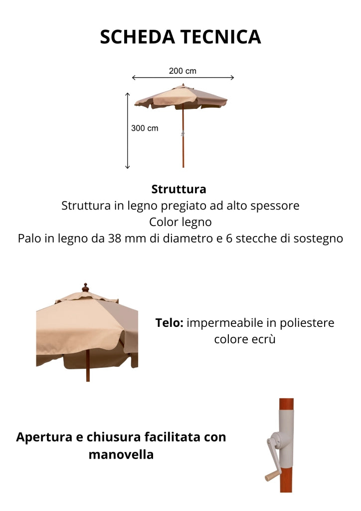 OMBRELLONE ISLAND IN LEGNO MT.3X2 PALO MM 38 PER ARREDO GIARDINO E BORDO PISCINA