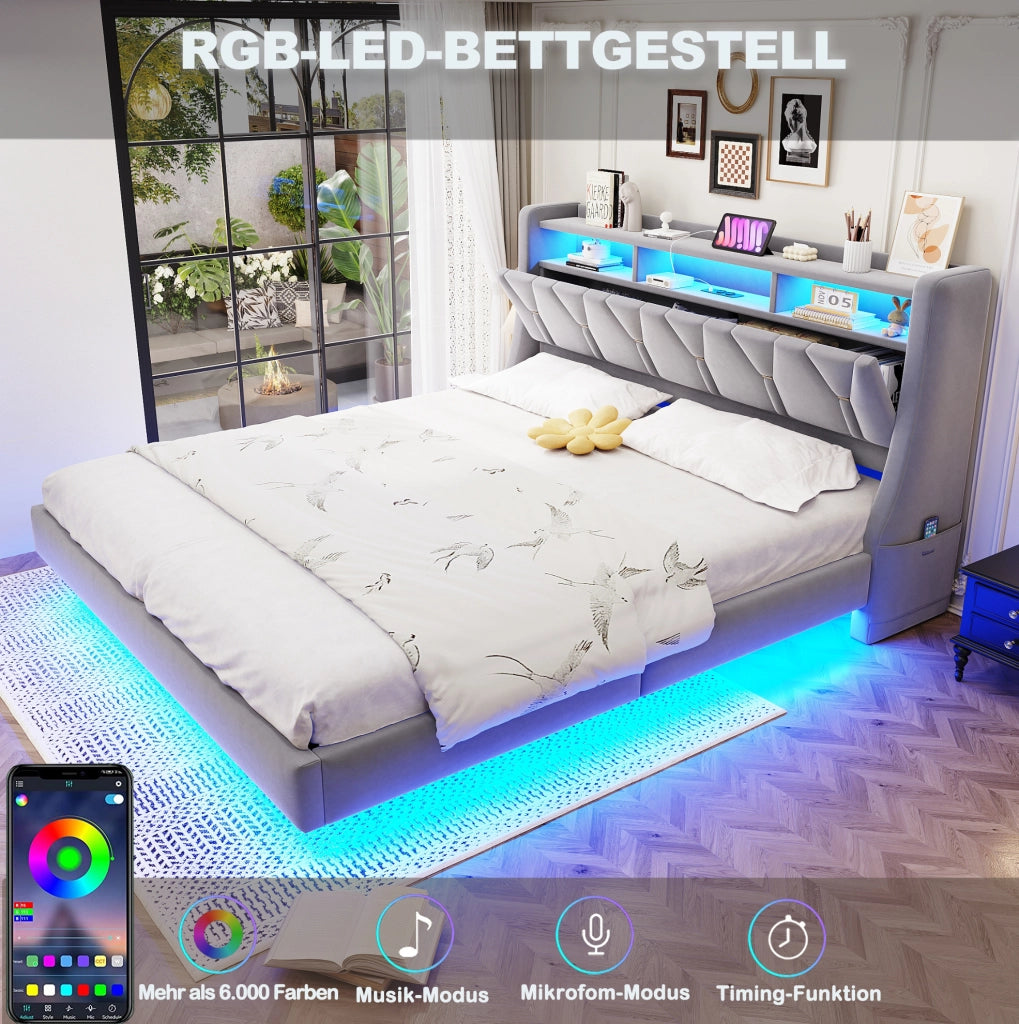 Letto matrimoniale imbottito 180x200 cm con testiera ribaltabile; USB e LED; velluto grigio chiaro