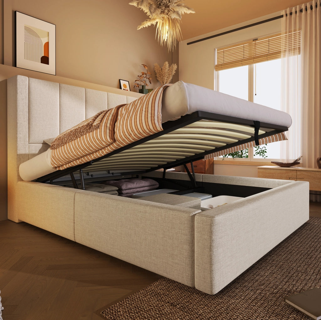 Letto imbottito 90x200 cm beige con vano contenitore e ricarica USB
