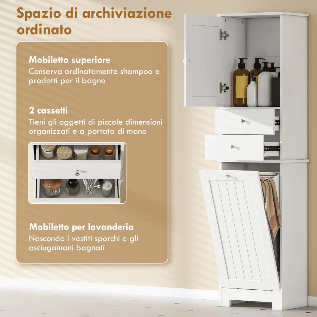 Mobile Bagno con Cesto, Armadietto e 2 Cassetti ¨C zephmum ¨C Legno, Bianco, 45x30x171 cm