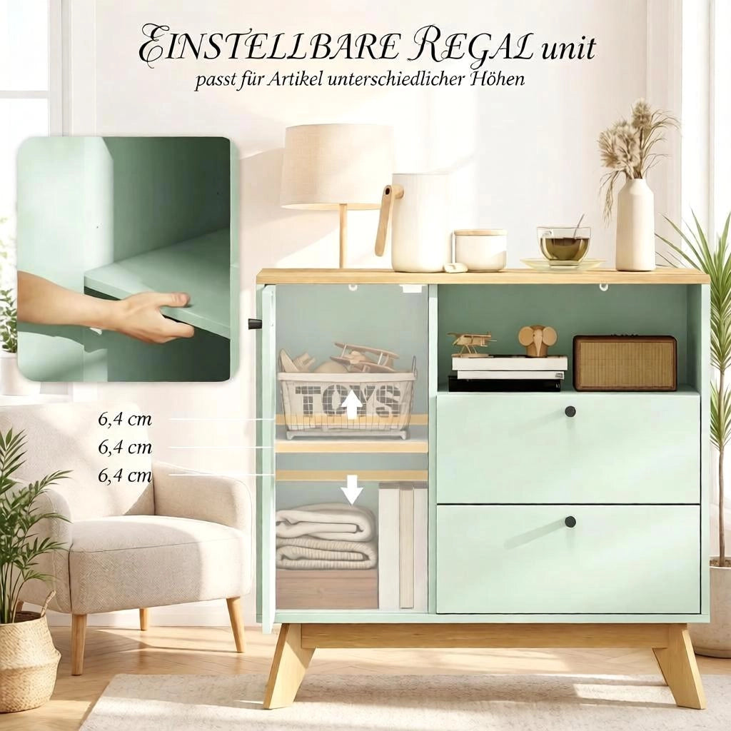 Buffet da salotto in MDF con 1 armadio, 2 cassetti e vano aperto, colore verde chiaro e rovere