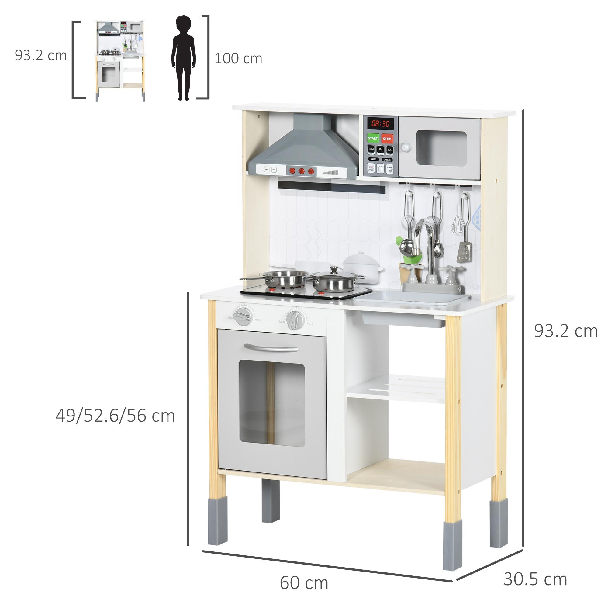 Cucina Giocattolo per Bambini 60x30,5x93,2 cm con Luci e Utensili in MDF e PP Grigio e Bianco