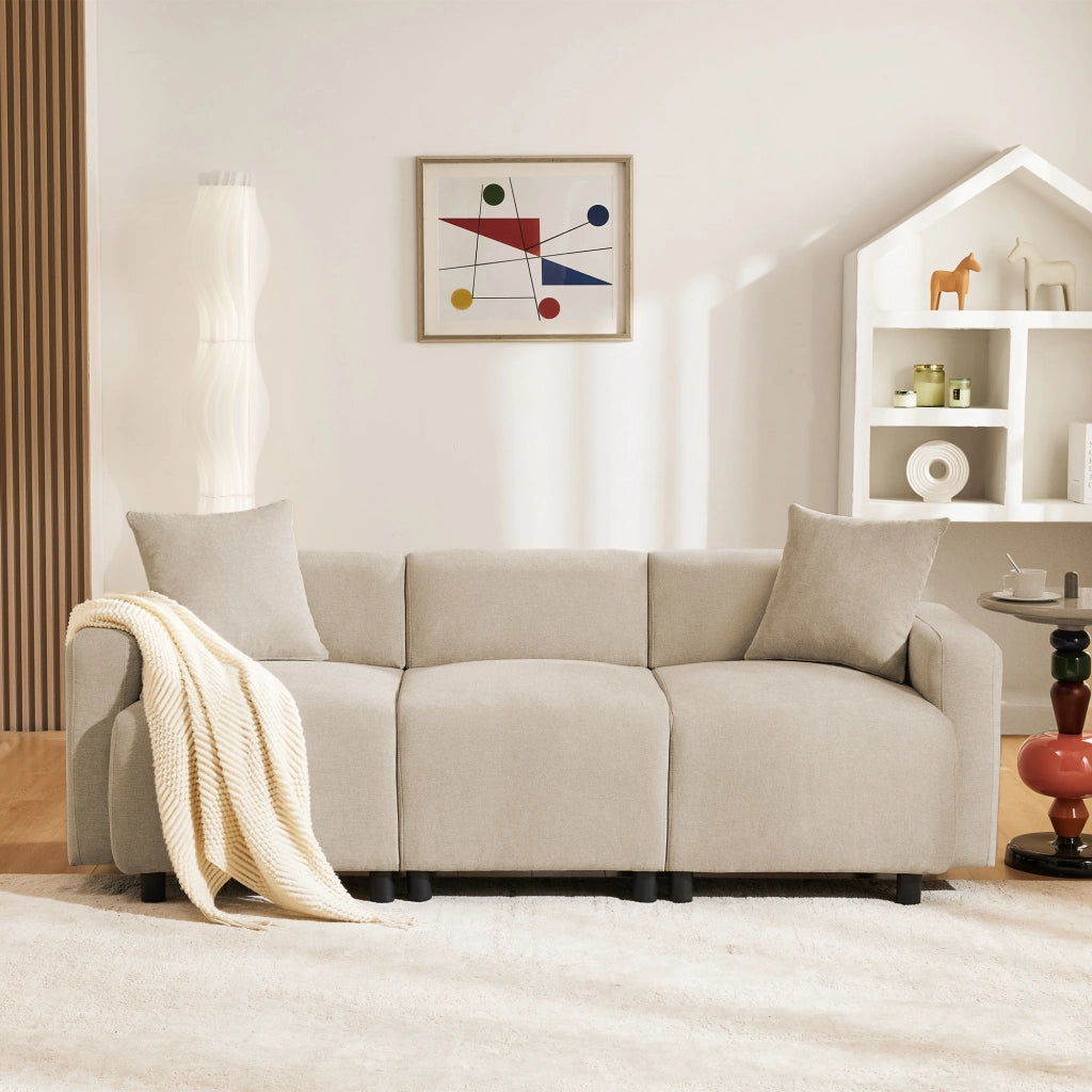 Sofa 3-4 posti in tessuto Chenille beige, design moderno con 2 cuscini, seduta ampia 57 cm
