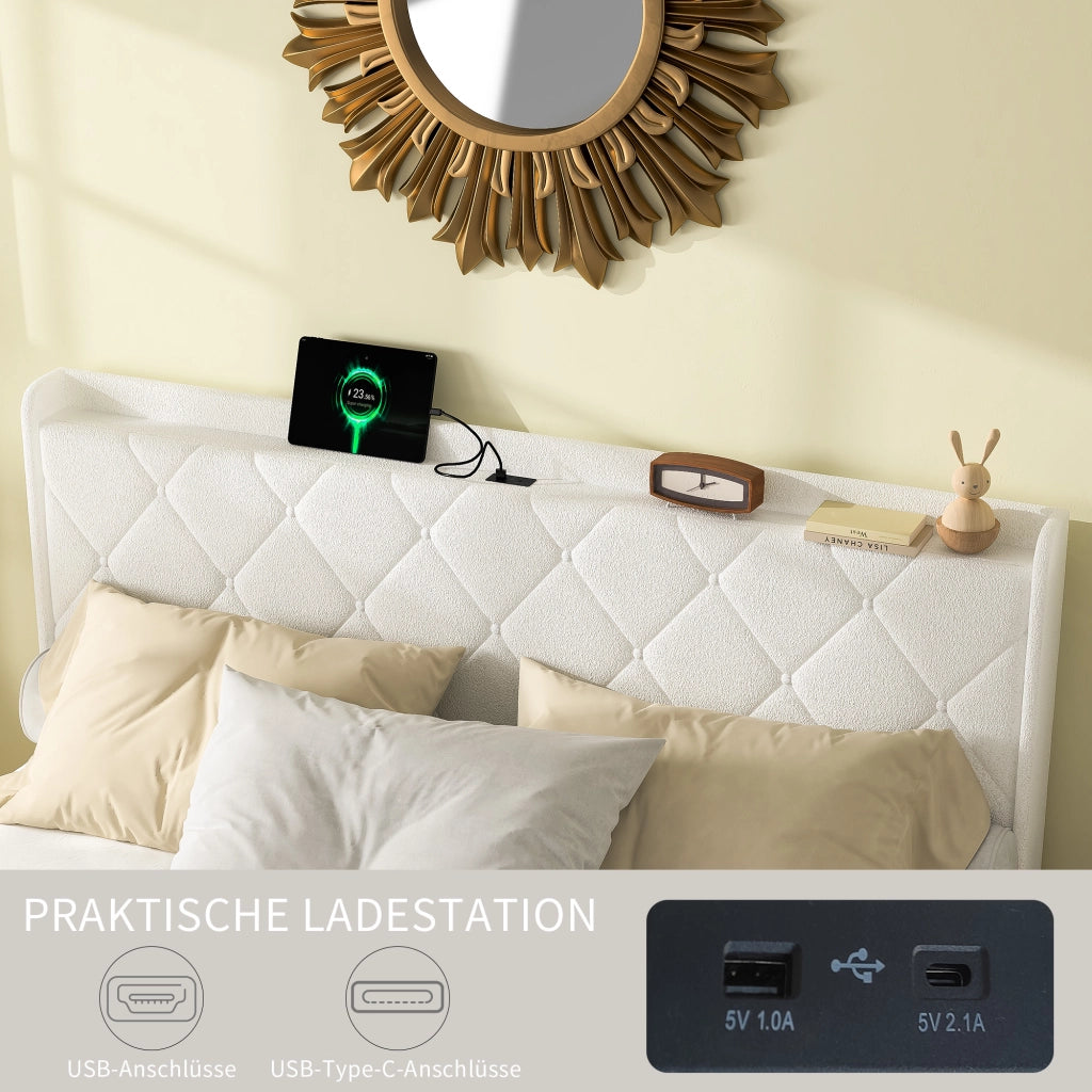 Letto imbottito in velluto bianco con USB, LED e 6 cassetti, 140x200 cm