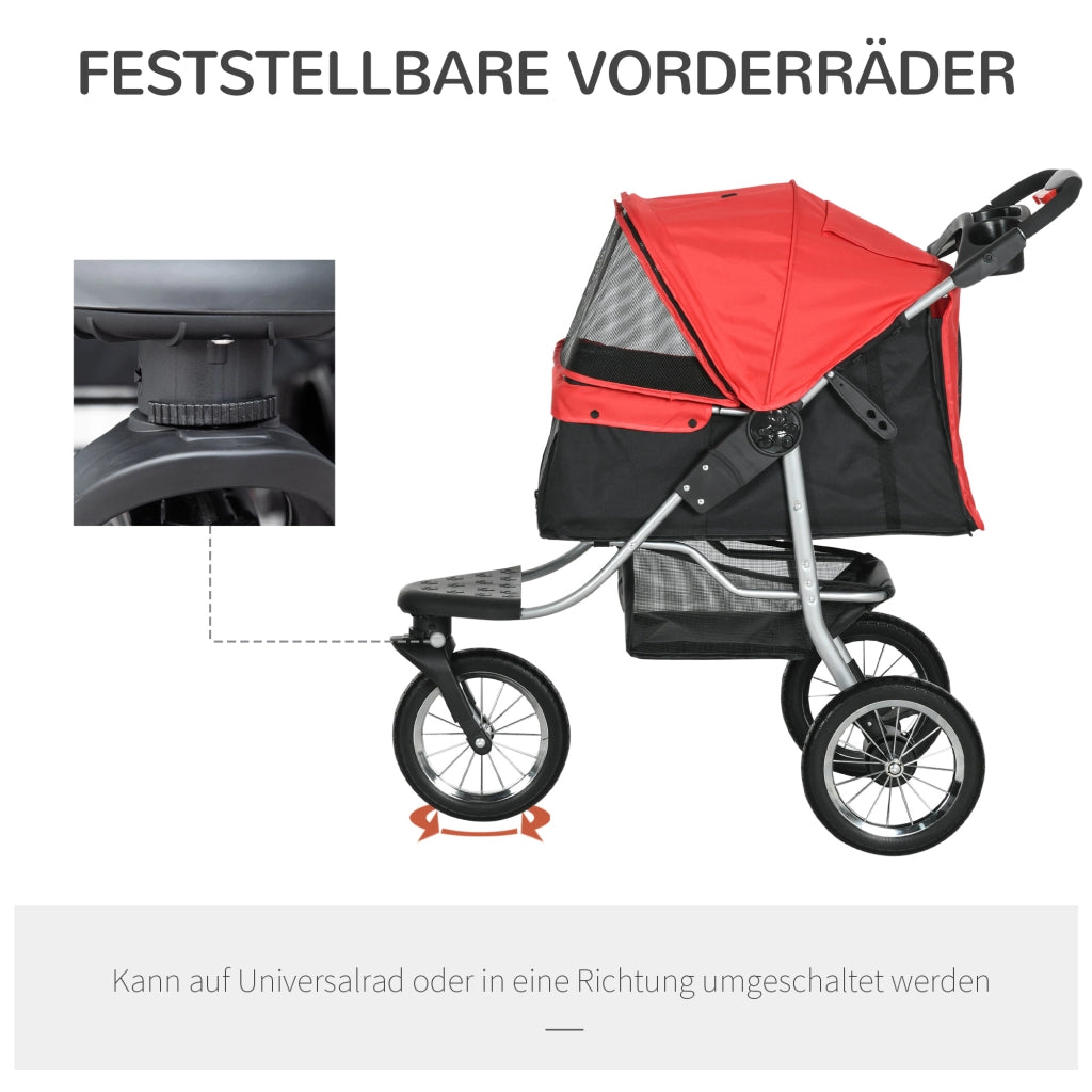 Carrello pieghevole per animali con 3 ruote, reti con zip, telo 600D Oxford, rosso