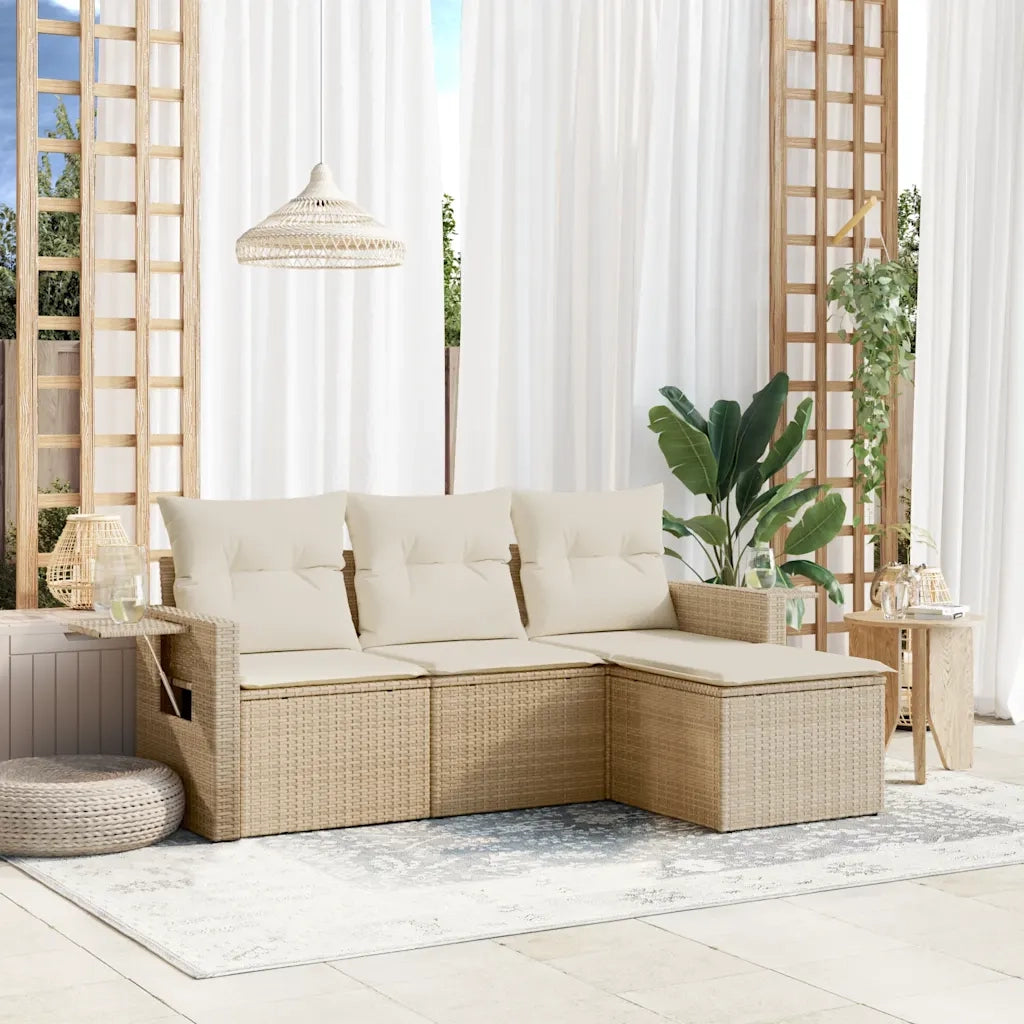 Set Divano da Giardino 4 pz con Cuscini-Sofa da Giardino-Divanetto da esterno Beige in Polyrattan 516573