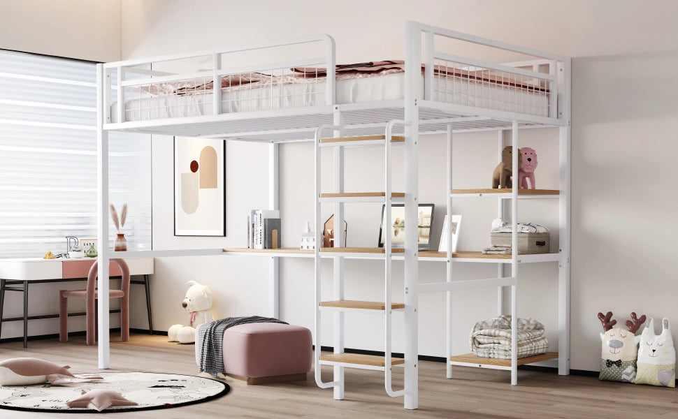 Letto a castello metallo bianco con scala di sicurezza tavolo e scaffali 140x200 cm