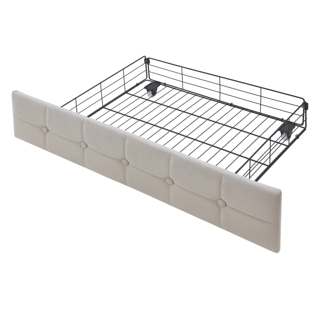 Divano letto imbottito 90x200 cm beige con LED, USB-C e 2 cassetti