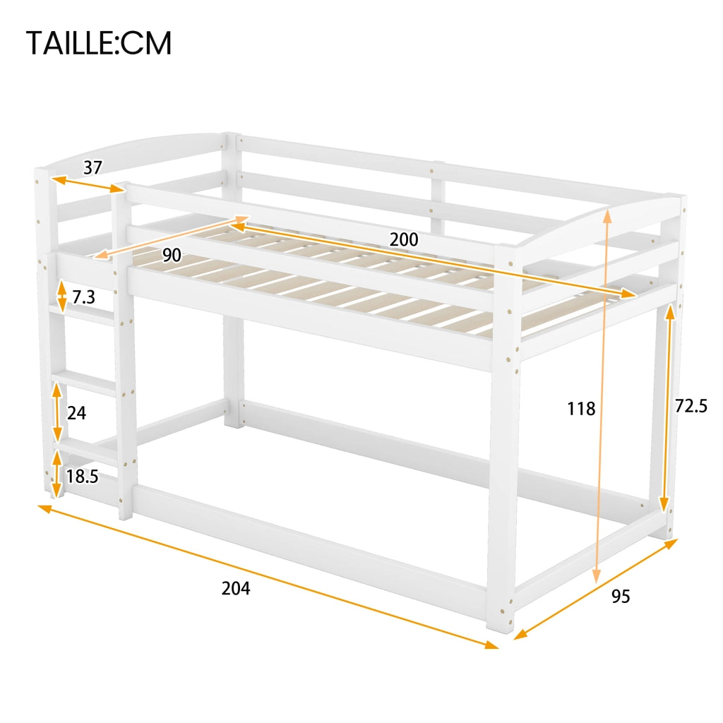 Letto a Castello 2 Posti; Profilo Basso con Sponde di Sicurezza; 90×200 cm; Senza Materasso; Pino; Bianco