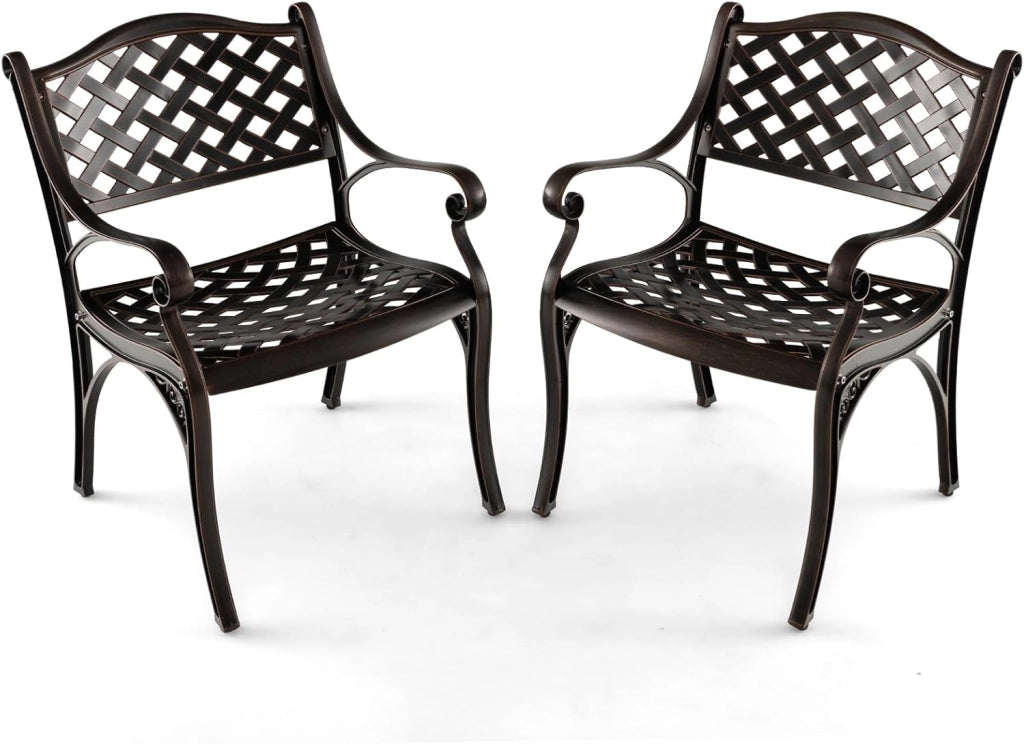 Set di 2 sedie da giardino, da bistrò, resistenti alle intemperie, in alluminio pressofuso, da giardino, da giardino, da terrazza, ergonomiche con schienali e braccioli, da giardino anticato,