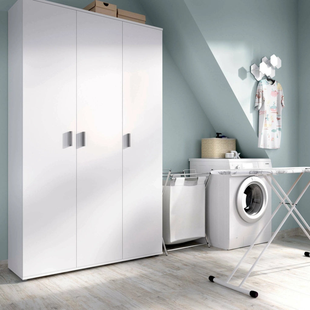 Armadio multiuso Aniello, Mobile multifunzione portascope, Guardaroba a 3 ante, 116x35h190 cm, Bianco