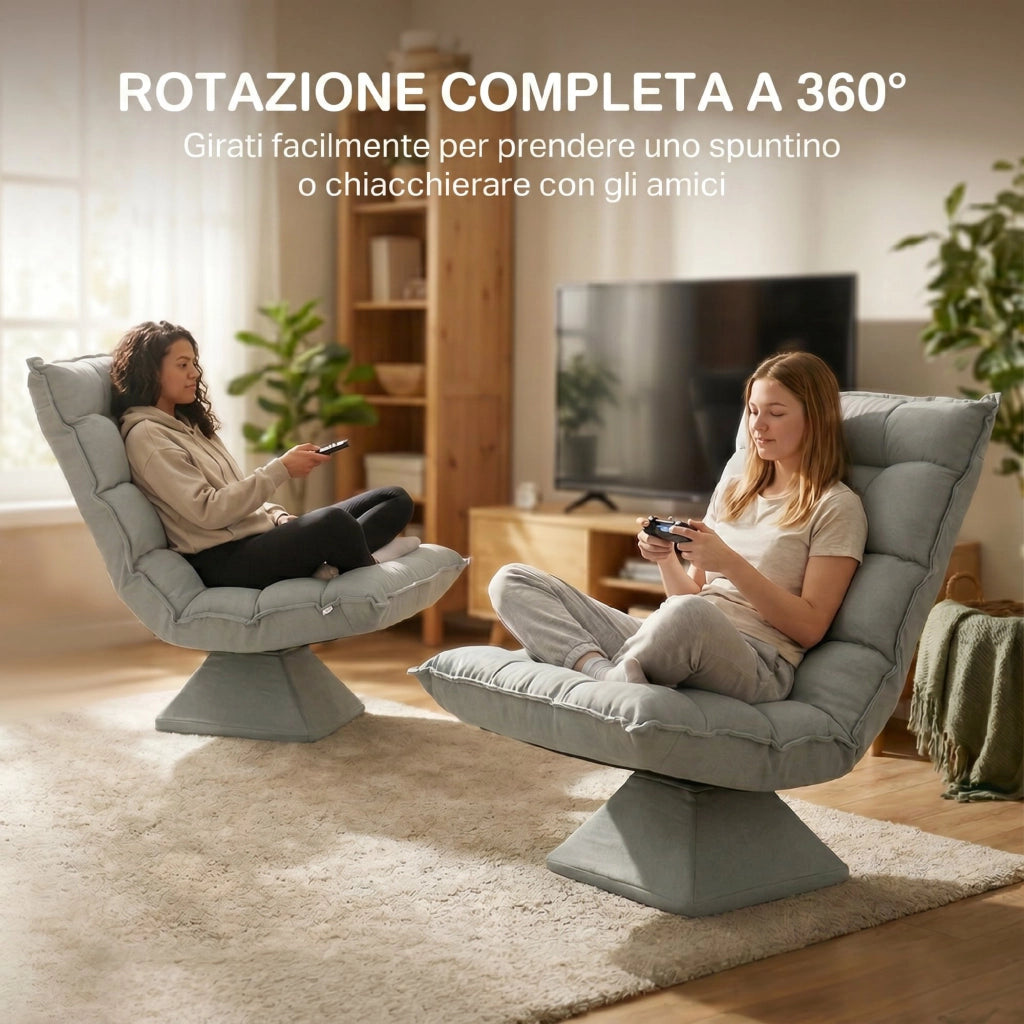 Poltrona Relax Girevole 360¡ã con Schienale Regolabile in 5 Posizioni in Tessuto Effetto Velluto. Grigio Chiaro