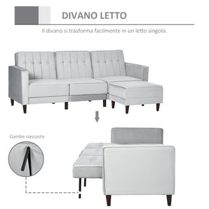 Easycomfort Divano Letto 3 Posti con Poggiapiedi e Schienale Reclinabile, Rivestimento Velluto e Seduta Imbottita, 218x85x86 cm, Grigio Chiaro