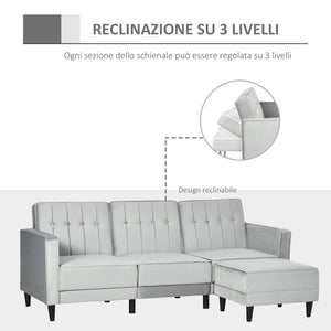 Easycomfort Divano Letto 3 Posti con Poggiapiedi e Schienale Reclinabile, Rivestimento Velluto e Seduta Imbottita, 218x85x86 cm, Grigio Chiaro