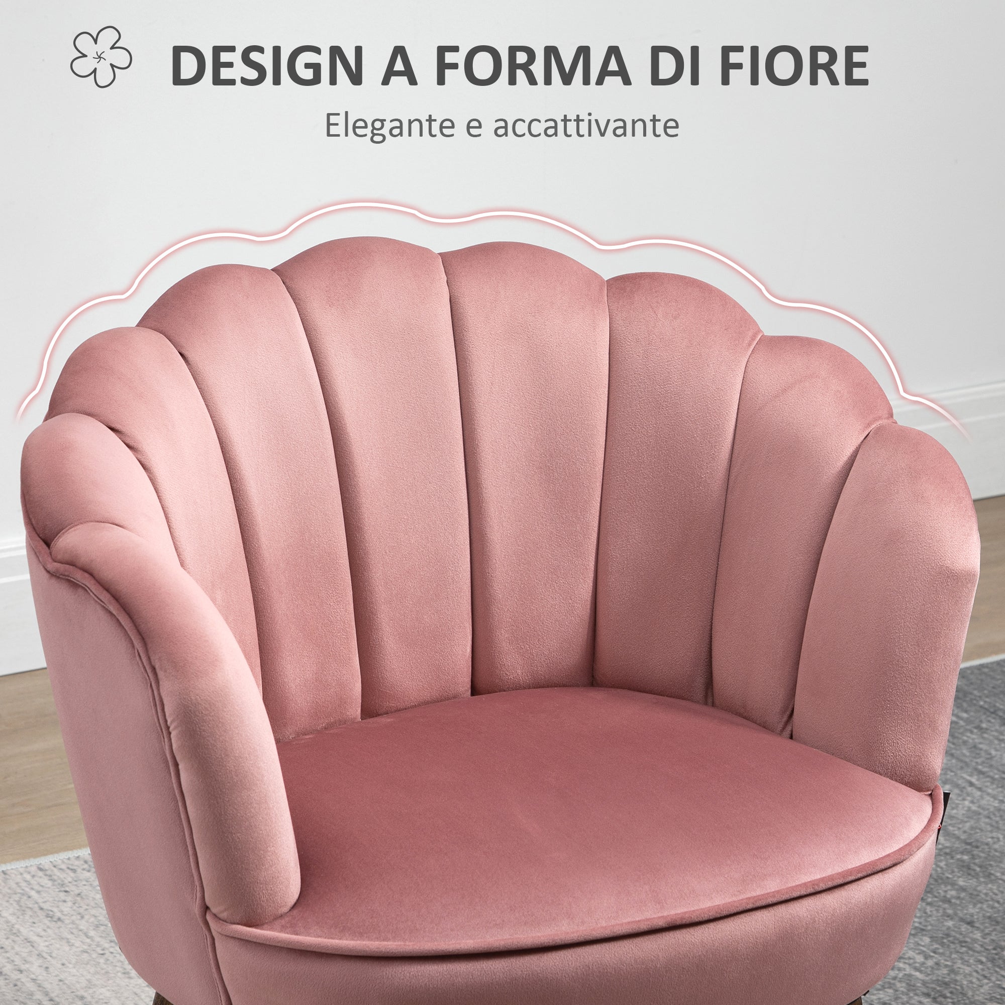 Easycomfort Poltrona Imbottita con Schienale a Conchiglia e Gambe in Legno, Poltrona in Velluto per Salotto e Camera, 66x66x78.5cm, Rosa