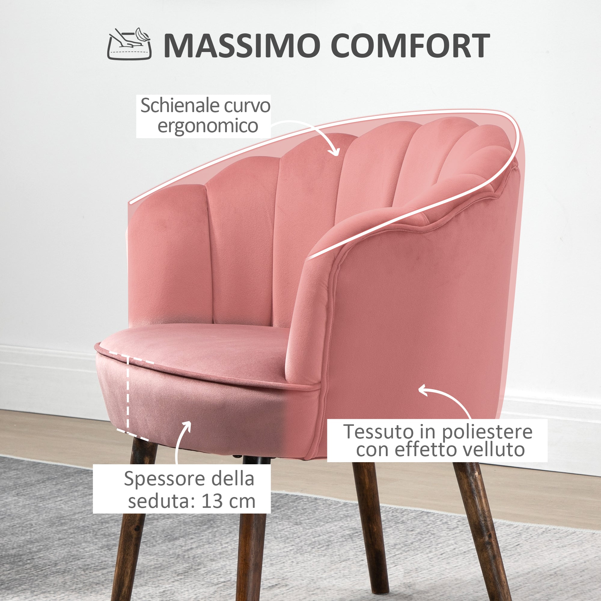 Easycomfort Poltrona Imbottita con Schienale a Conchiglia e Gambe in Legno, Poltrona in Velluto per Salotto e Camera, 66x66x78.5cm, Rosa