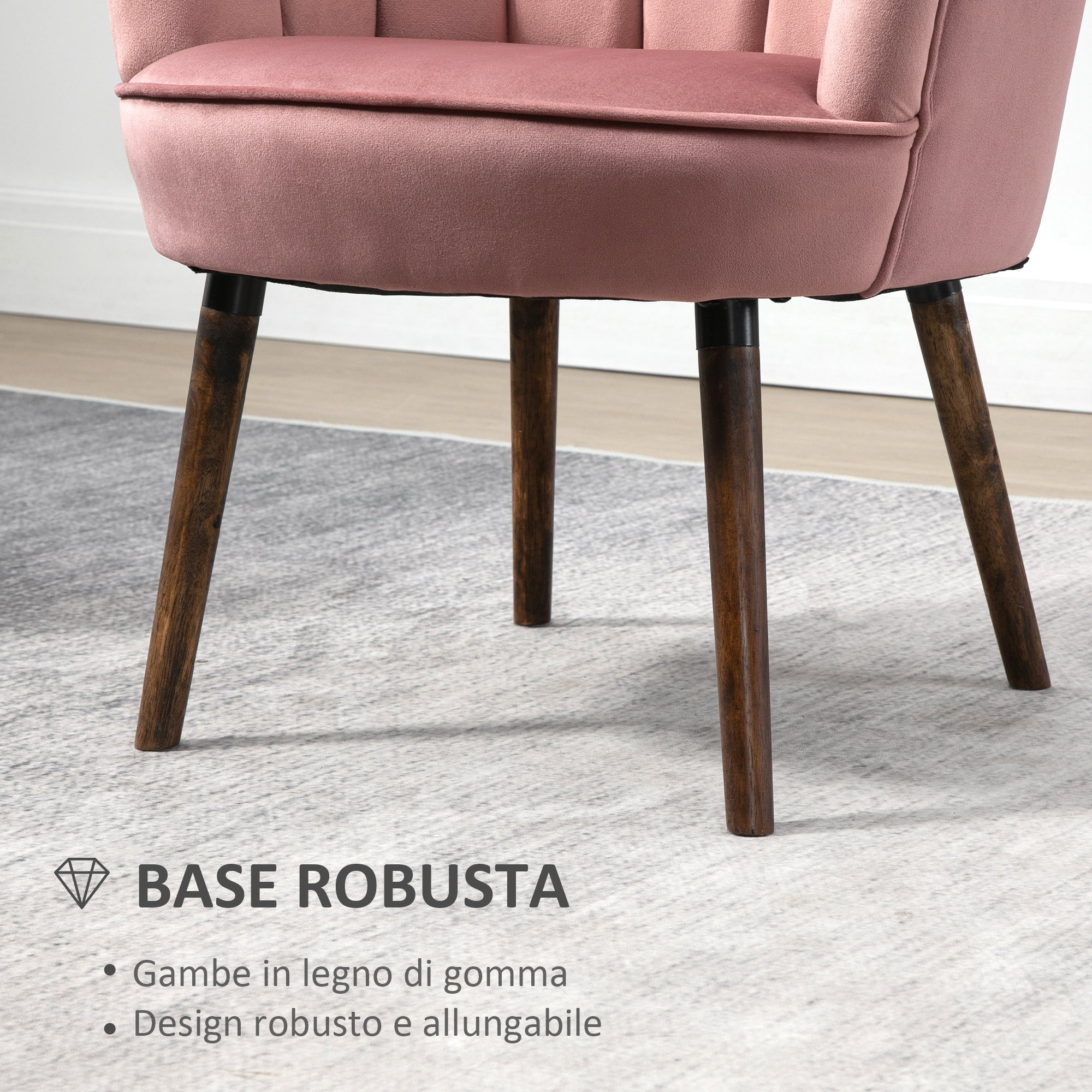 Easycomfort Poltrona Imbottita con Schienale a Conchiglia e Gambe in Legno, Poltrona in Velluto per Salotto e Camera, 66x66x78.5cm, Rosa