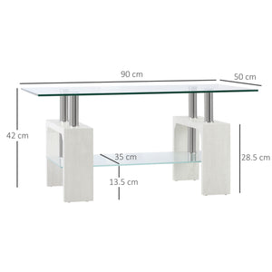 EASYCOMFORT  Tavolino da Caffè Moderno a 2 Livelli in Vetro e Legno, 90x50x42cm, Bianco