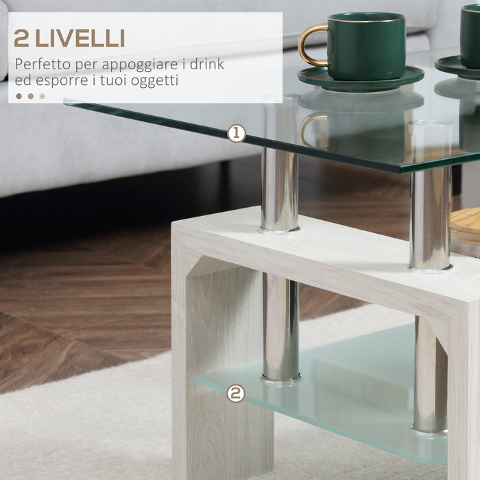 EASYCOMFORT  Tavolino da Caffè Moderno a 2 Livelli in Vetro e Legno, 90x50x42cm, Bianco