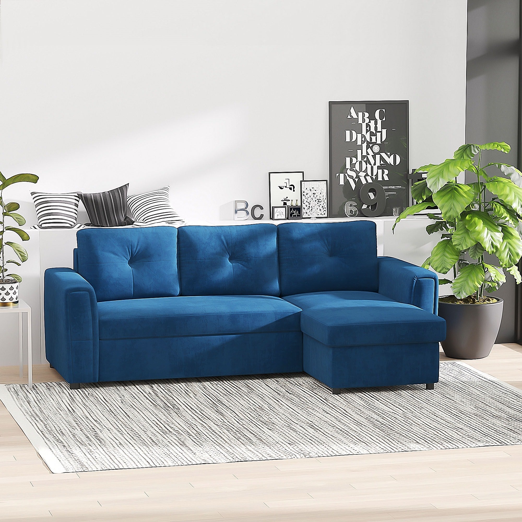 Easycomfort Divano Letto Angolare 3 Posti Effetto Velluto e Chaise Longue con Contenitore, 232x141x85cm, Blu