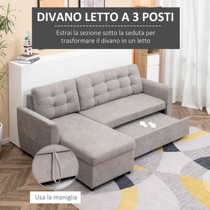 Easycomfort Divano Letto 3 Posti con Chaise Longue Contenitore in Tessuto, 217x134x85cm, Grigio