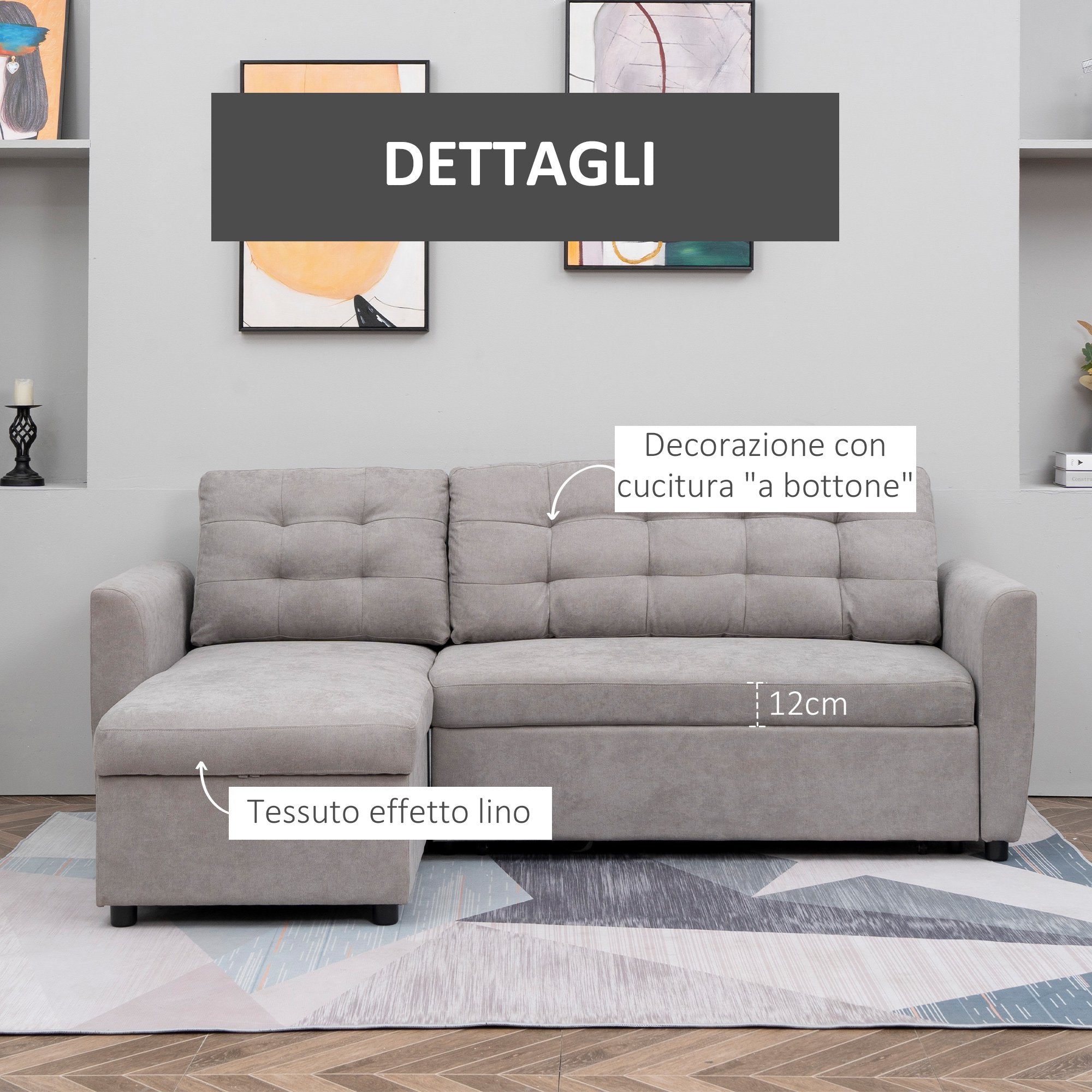 Easycomfort Divano Letto 3 Posti con Chaise Longue Contenitore in Tessuto, 217x134x85cm, Grigio