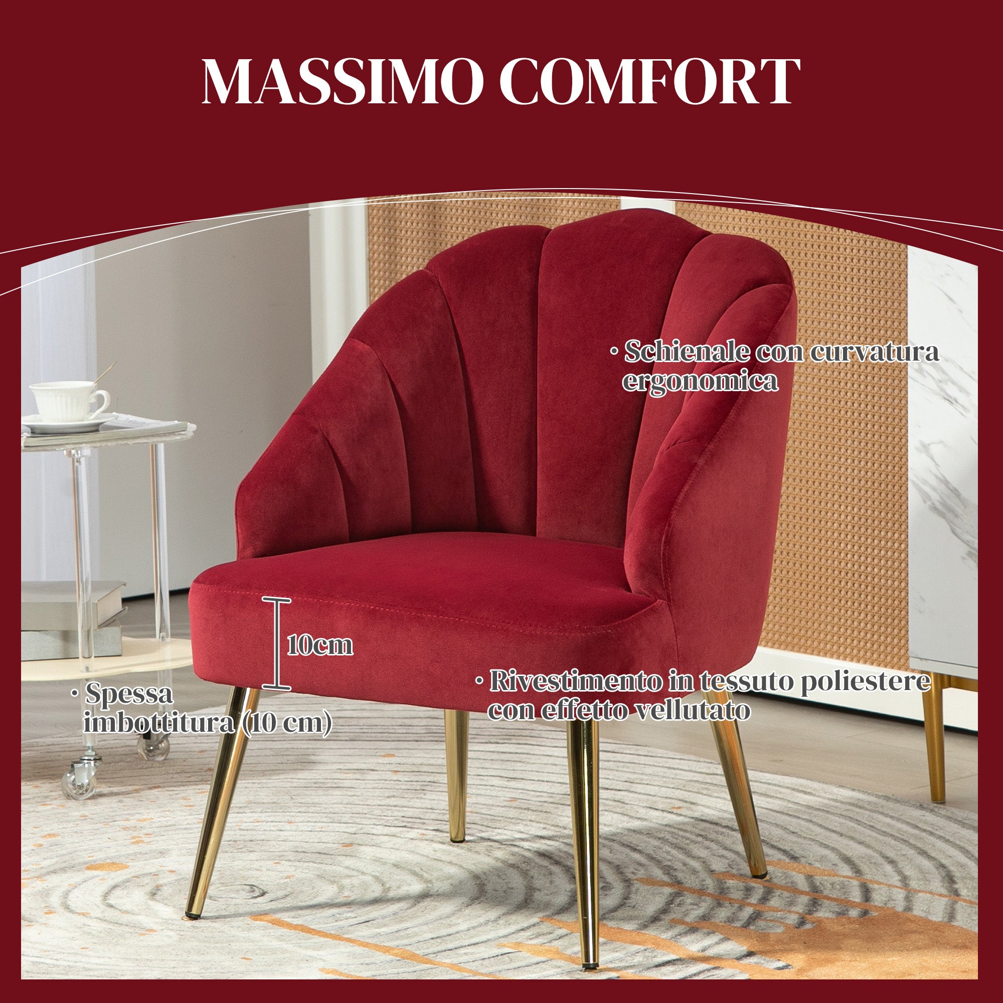 EasyComfort Poltrona in Velluto a Conchiglia Stile Art Deco per Camera e Soggiorno, Acciaio, 63x65x84 cm, Rosso