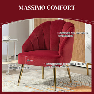 EasyComfort Poltrona in Velluto a Conchiglia Stile Art Deco per Camera e Soggiorno, Acciaio, 63x65x84 cm, Rosso
