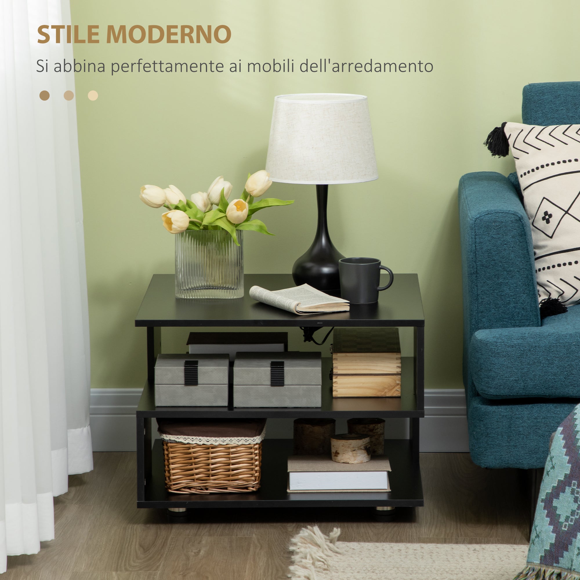 Easycomfort Tavolino da Caffè Asimmetrico in Legno con Ripiani e Piedini Regolabili, 60x60x45cm, Nero