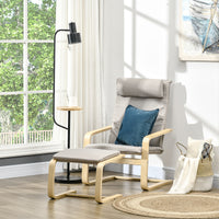 EASYCOMFORT  Poltrona Relax con Pouf Poggiapiedi, Poltrona in Legno e Tessuto Effetto Lino con Cuscino Poggiatesta, 67x69x100cm, Grigio