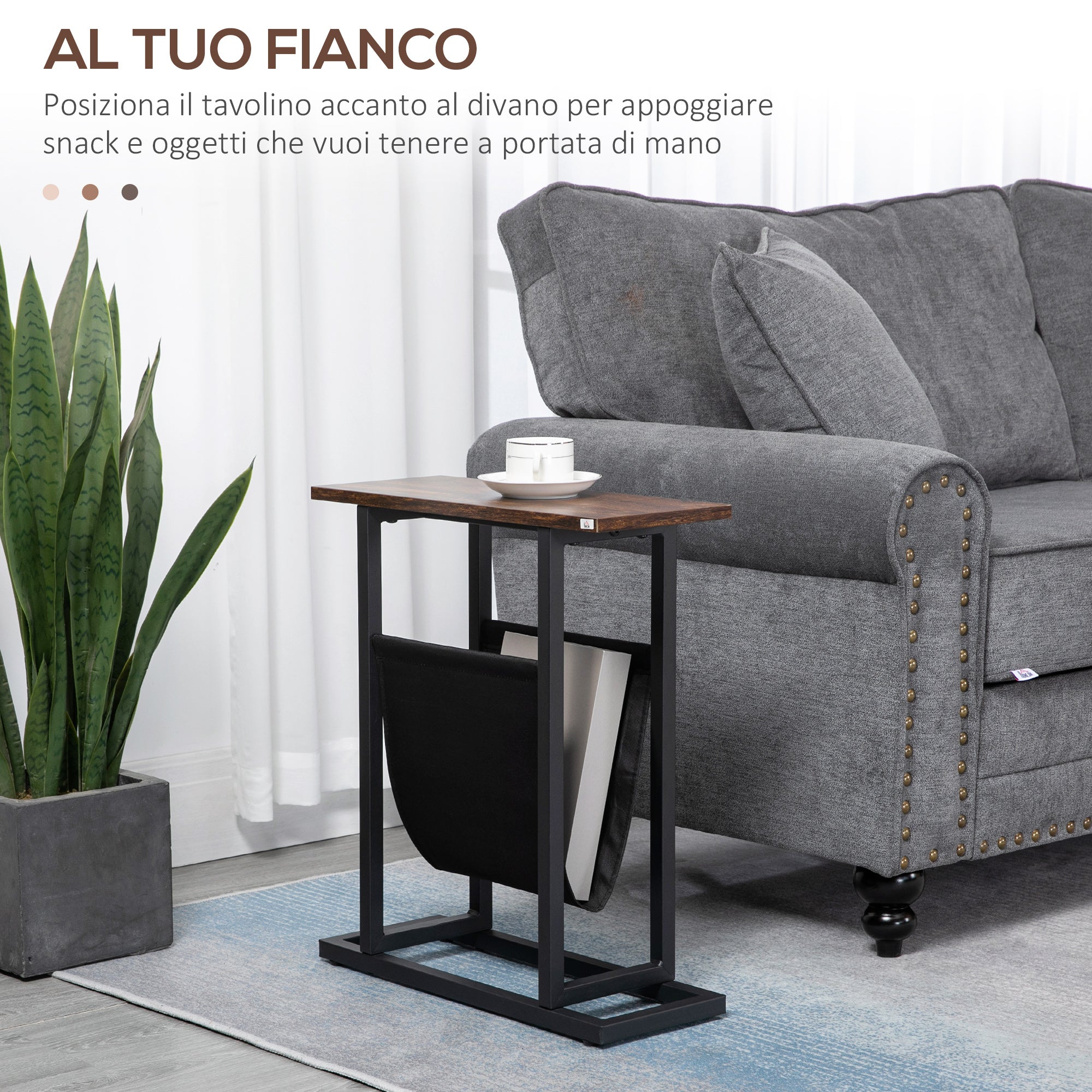 Easycomfort Tavolino da Salotto in Truciolato e Acciaio con Borsa Portaoggetti in Tessuto Oxford, 49x19x55 cm, Marrone e Nero