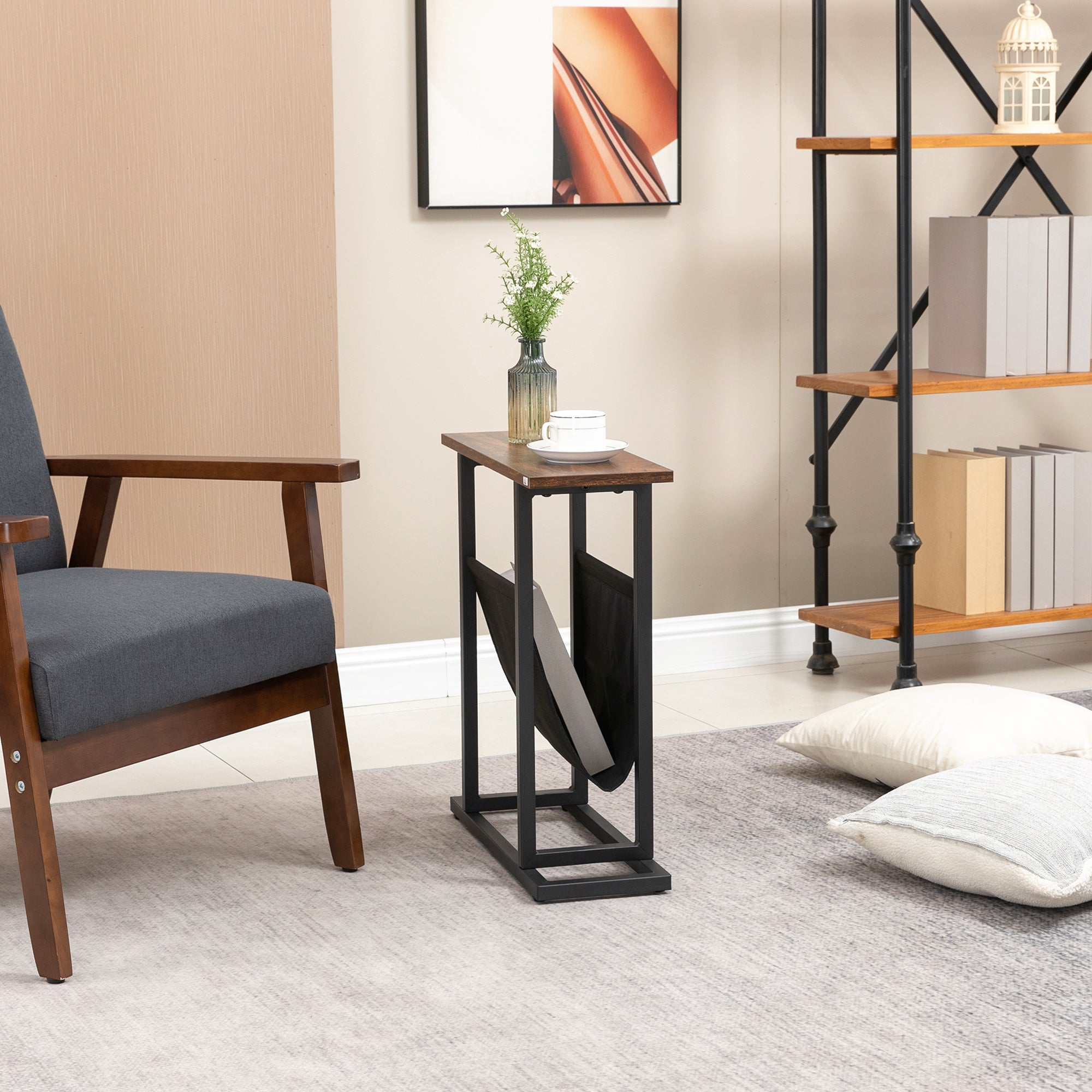 Easycomfort Tavolino da Salotto in Truciolato e Acciaio con Borsa Portaoggetti in Tessuto Oxford, 49x19x55 cm, Marrone e Nero